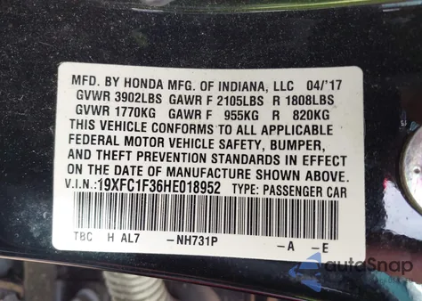 2017 Honda Civic Ex-T из США, поврежденный, VIN 19XFC1F36HE018952